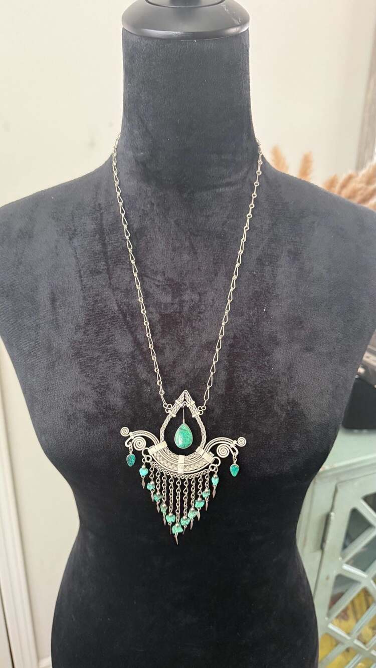 Boho Statement Necklace with Teardrop Stone and Dangle Fringe